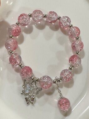 Pink Crackle Glass Beaded Charm Bracelet